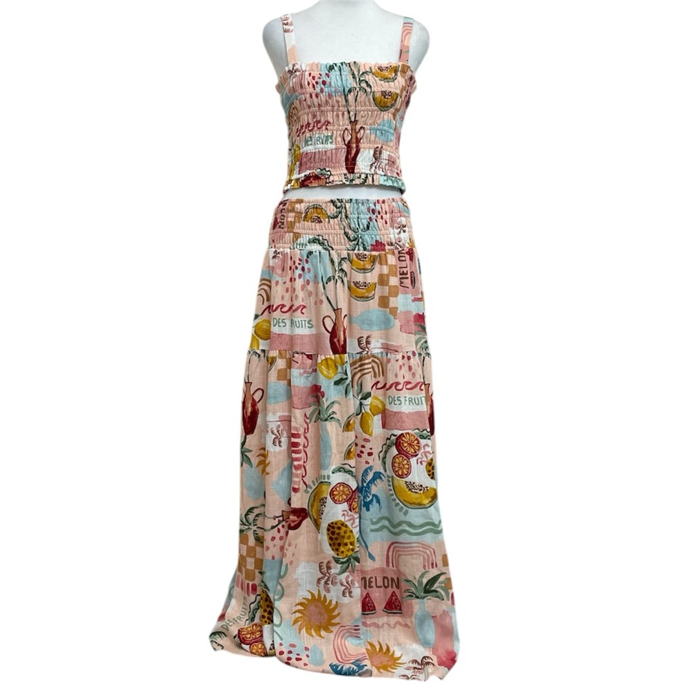 Paper Heart Pink Tropical Fruit Print Two Piece Smocked Top & Maxi Skirt Set